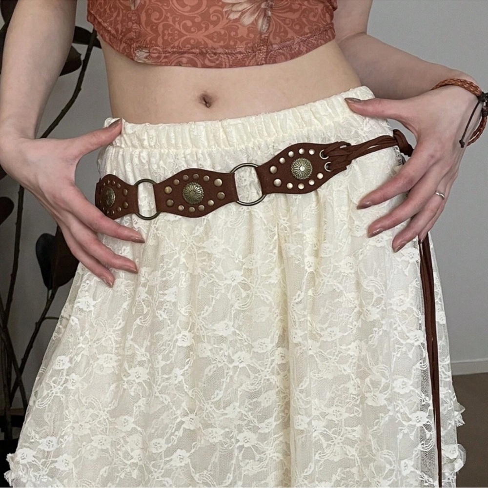 Western Brown Vegan Leather Studded Tie Belt